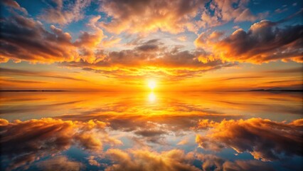 Symmetrical landscape at sunset with an orange sky, sun, and clouds