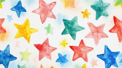 Colorful Star Watercolor Pencil Drawing For Children Red Blue Green Yellow Stars In The Sky On White Background Artistic Pattern With Messy Textures And Cosmic Elements