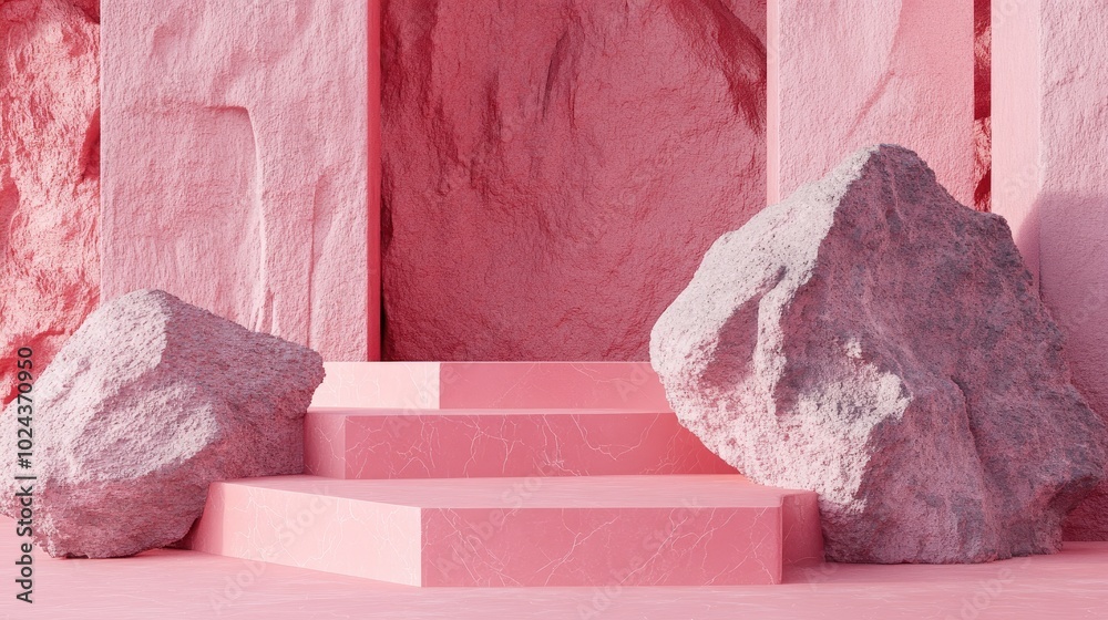 Aufkleber Abstract pink geometric stone and rock shape background minimalist mockup for podium display or showcase 3D rendering