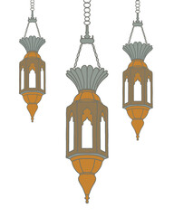 Arab islamic lantern or lamp silhouettes, ramadan or eid mubarak holiday illumination items. Isolated vector ornate symbols of light, joy and celebration. Decorative homes and street festive lamps set