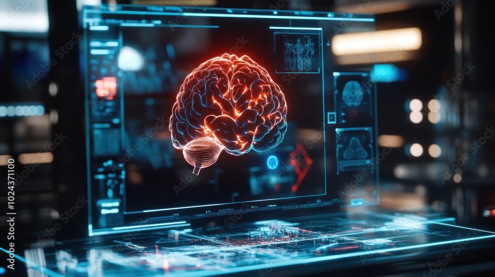 Poster a futuristic display of a brain model, showcasing neural connections and data analysis.