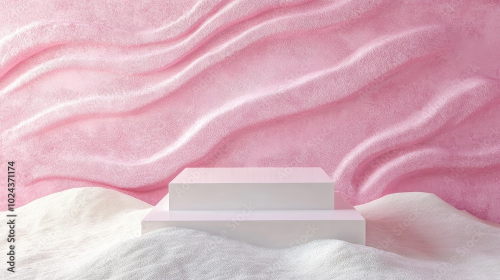 Aufkleber 3D rendering of a modern minimalistic background featuring an empty white square podium situated on white sand against a pink backdrop