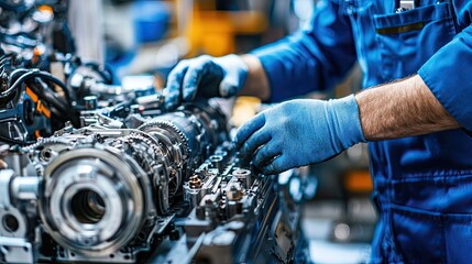 Fototapeta premium mechanic working on a gearbox, engine parts, and machinery in a modern workshop for a car repair service center
