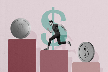 Collage picture young man runner charts progress improvement leadership ambition trader money...