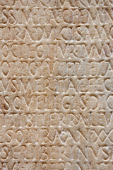 Latin text relief detail. Roman museum. Merida, Caceres. Spain