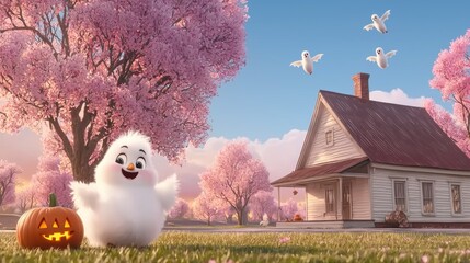 Obraz premium Cute Animated Chick with Pumpkin and Blossoming Trees