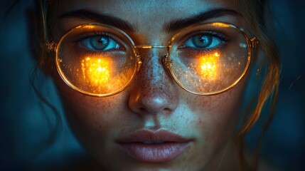 A close-up portrait of a young woman with freckles wearing round glasses, with warm light reflecting in her eyes.