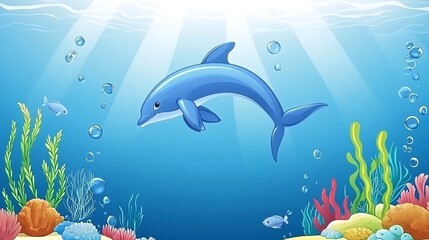 Fototapeta premium A blue dolphin swims through clear blue water with coral reefs and seaweed below.