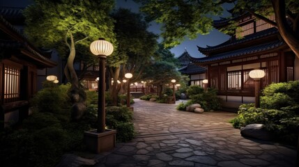 Fototapeta premium Nighttime Stroll Through a Serene Japanese Garden