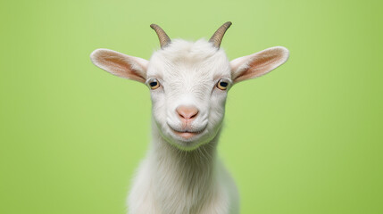 Obraz premium This adorable kid goat with soft white fur beams with joy, showcasing its playful personality in a vibrant green indoor environment, copy space, copy space