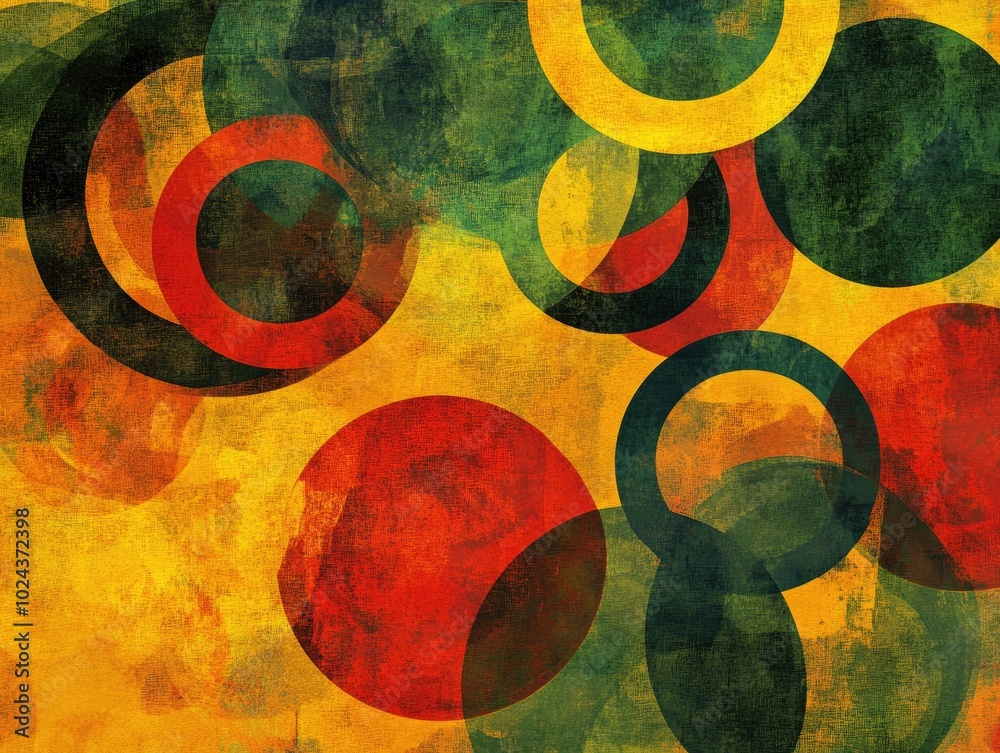 Poster Abstract vibrant circles in shades of yellow red and green creating a dynamic fantasy art style with a bright and engaging background