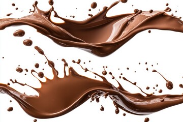 Set of Melted Chocolate wavy splash in mid air isolated on white background