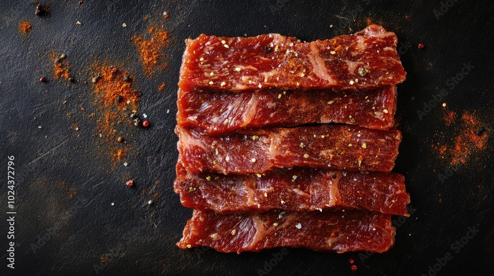 Poster beef slices seasoned with spices on a dark background