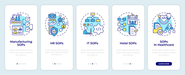 SOP control examples onboarding mobile app screen. Walkthrough 5 steps editable graphic instructions with linear concepts. UI, UX, GUI template. Montserrat SemiBold, Regular fonts used