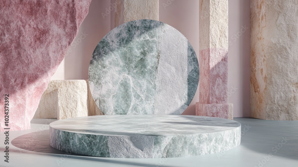 Aufkleber 3D rendering of a geometric stone podium Abstract pastel shapes create a blank platform Empty pedestal designed for product showcases Minimalist composition featuring a circular display