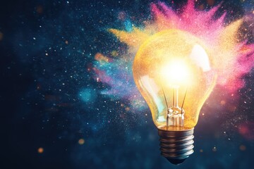 Illuminated light bulb with colorful paint splashes on dark backdrop