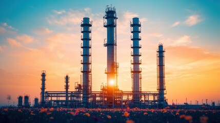 Fototapeta premium A silhouette of an industrial facility at sunset, featuring multiple tall smokestacks against a colorful sky.