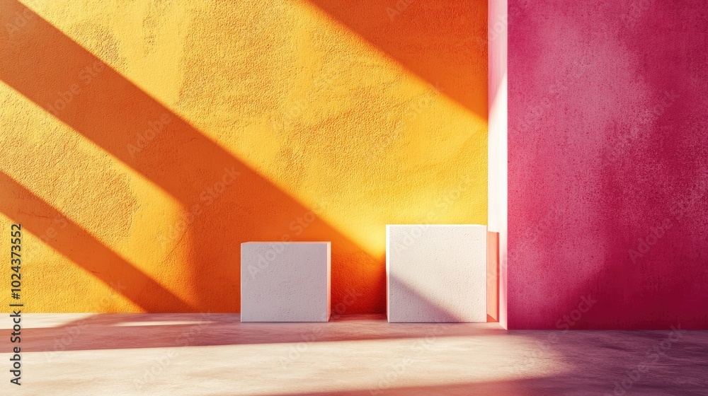 Aufkleber 3D abstract minimal background featuring an orange wall with square shapes in pink and white created through rendering