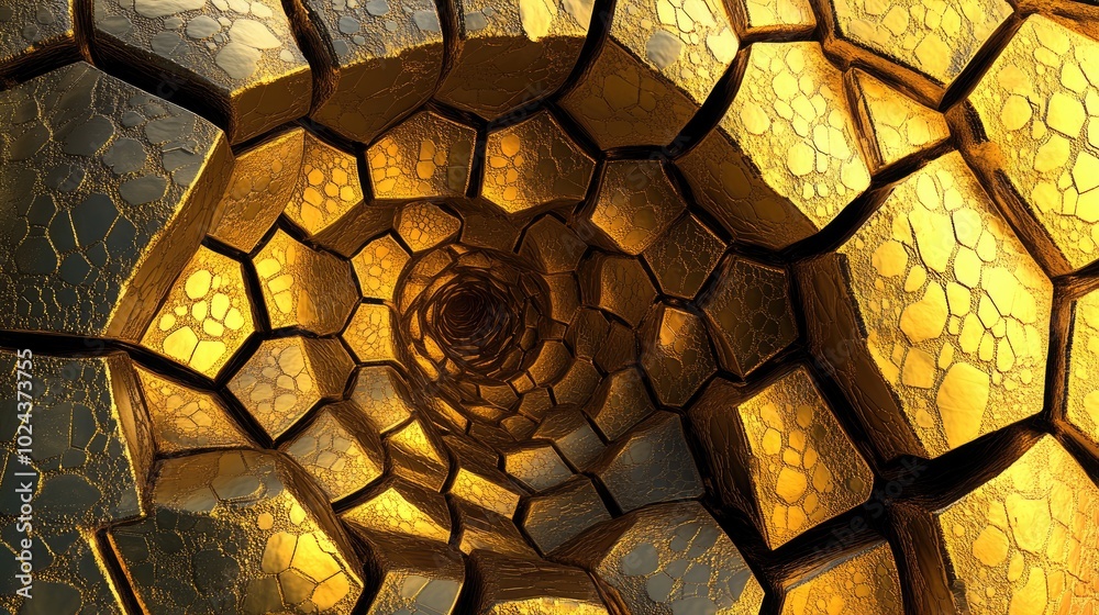 Aufkleber Abstract hexagonal texture in gold tones Fractal design Surreal digital artwork Three dimensional rendering