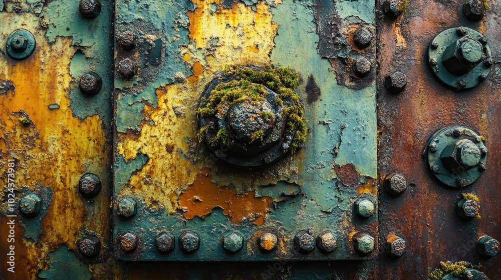 Poster close up image of an aged abandoned machine featuring a colorful moss covered metal surface and rust