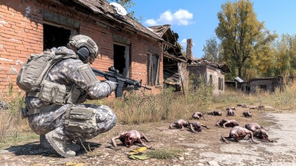 Fototapeta premium Soldier in Urban Environment with Strange Creatures