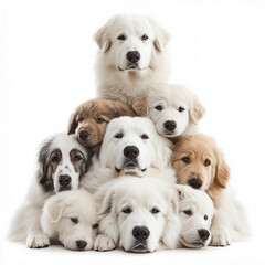 Obraz premium stacked on top of each other vertically. The bottom dog is very large, and they get progressively smaller, until the top dog is a puppy. Photo-realistic style. 