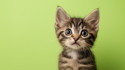 An adorable kitten with strikingly large eyes looks curiously towards the camera against a vibrant green background, showcasing its playful spirit, copy space