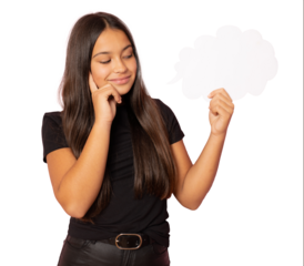 Portrait of attractive pensive girl holding paper cloud copy space isolated over transparent background.