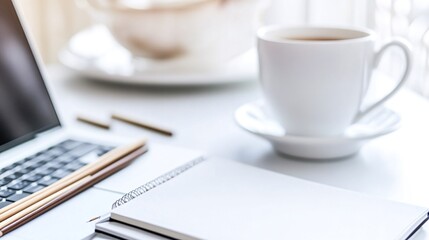 A cup of coffee, an open notebook, and a laptop on a white table.