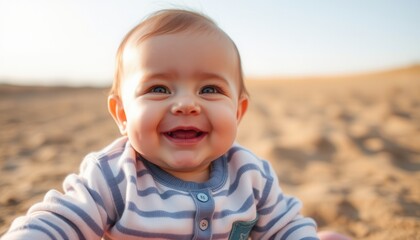 A cheerful baby grins widely while sitting on warm sand at a beach, bathed in the soft glow of the setting sun, exuding pure joy and innocence