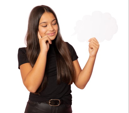 Portrait of attractive pensive girl holding paper cloud copy space isolated over transparent background.