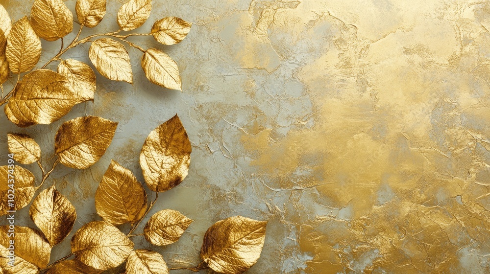 Poster artistic representation of golden leaves using a pastel technique on a textured wall ideal for wallp