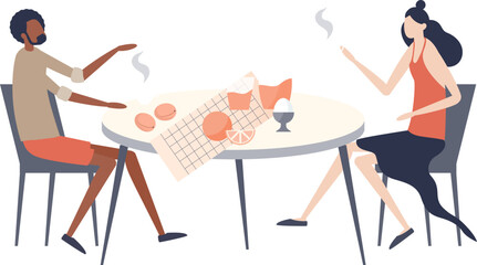 Couple enjoying breakfast with pastries and juice, symbolizing relaxation and togetherness.