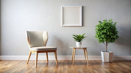 Symmetrical painting of chair, table, potted plant