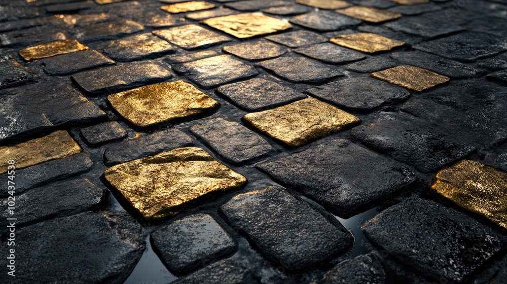 Poster 3D render of an abstract minimal background featuring textured black and gold cobblestones reflecting on a wet floor Stylish platform made of coal stone for product display