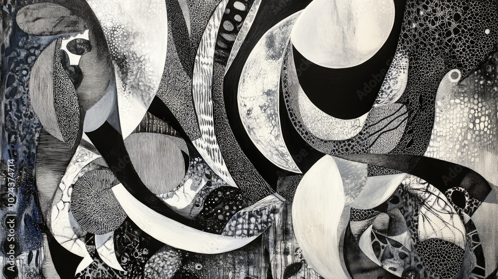 Aufkleber Abstract artwork featuring black and white patterns with imaginative elements