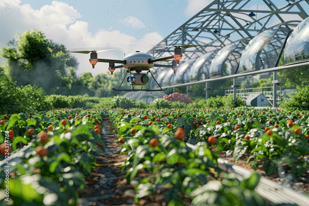 Aufkleber Advanced technology operates on the farm, with drones and sensors managing crop health and optimizing farming processes for better yields. Generative AI