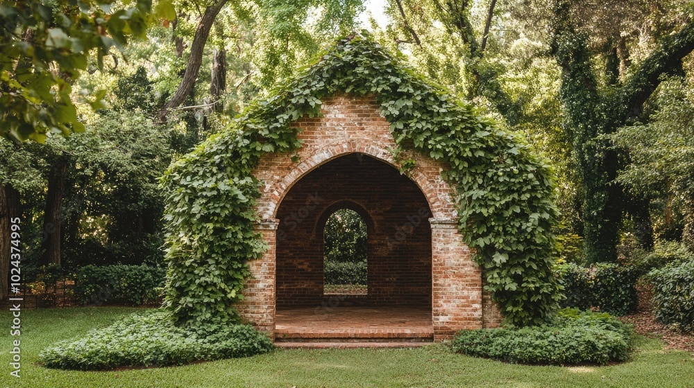 Poster Charming Brick Structure Surrounded by Greenery in a Park Setting