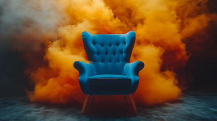 A blue chair is sitting in a room filled with orange smoke. The chair is the only object in the room, and it is the focal point of the scene. The orange smoke creates a sense of chaos and confusion