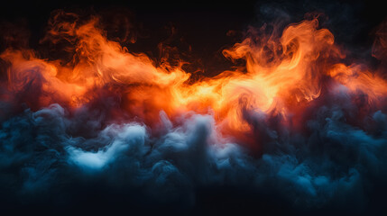 Fototapeta premium A large cloud of smoke with orange and blue flames shooting out of it. The smoke and flames create a sense of chaos and destruction, with the orange