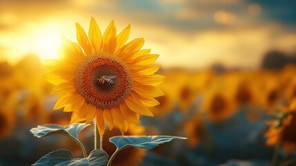 A single sunflower in a field with a bee on it, with the sun setting in the background.