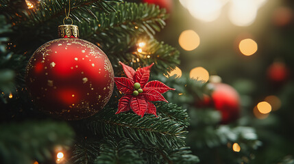 Obraz premium A red and gold ornament hangs from a Christmas tree. The tree is full of red and green leaves