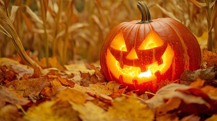 A jack-o-lantern with a glowing face sits on a bed of fallen leaves in a cornfield.