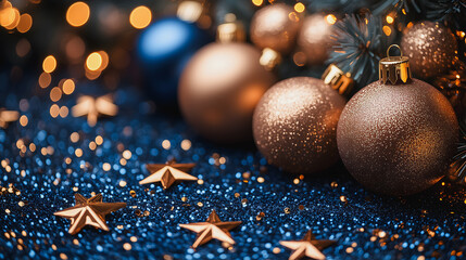 Fototapeta premium A blue background with gold and blue Christmas ornaments. The gold ornaments are stars and the blue ones are balls