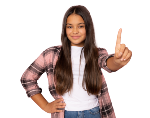 Brunette smiling hispanic girl wearing plaid shirt pointing finger up over transparent background.