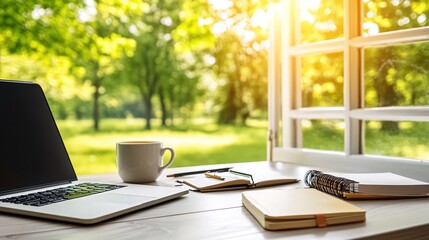 A laptop, coffee cup, notebooks and pencils on a desk in front of a window with a view of a lush green park.