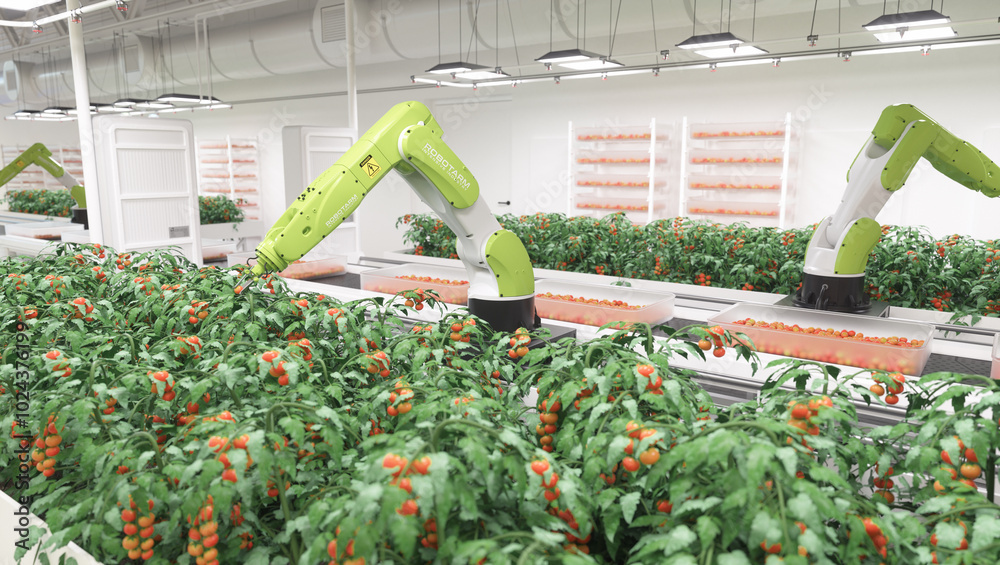 Wall mural automated organic farm with robotic arms growing food. realistic 3d render.