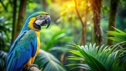 Blue and yellow macaw flying in lush rainforest with asymmetrical composition