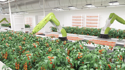 Automated organic farm with robotic arms growing food. Realistic 3d render.