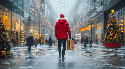 A man in a red coat is walking down a snowy street with a brown shopping bag. The scene is set in a city during the holiday season, with Christmas trees lining the sidewalks. The man is in a hurry